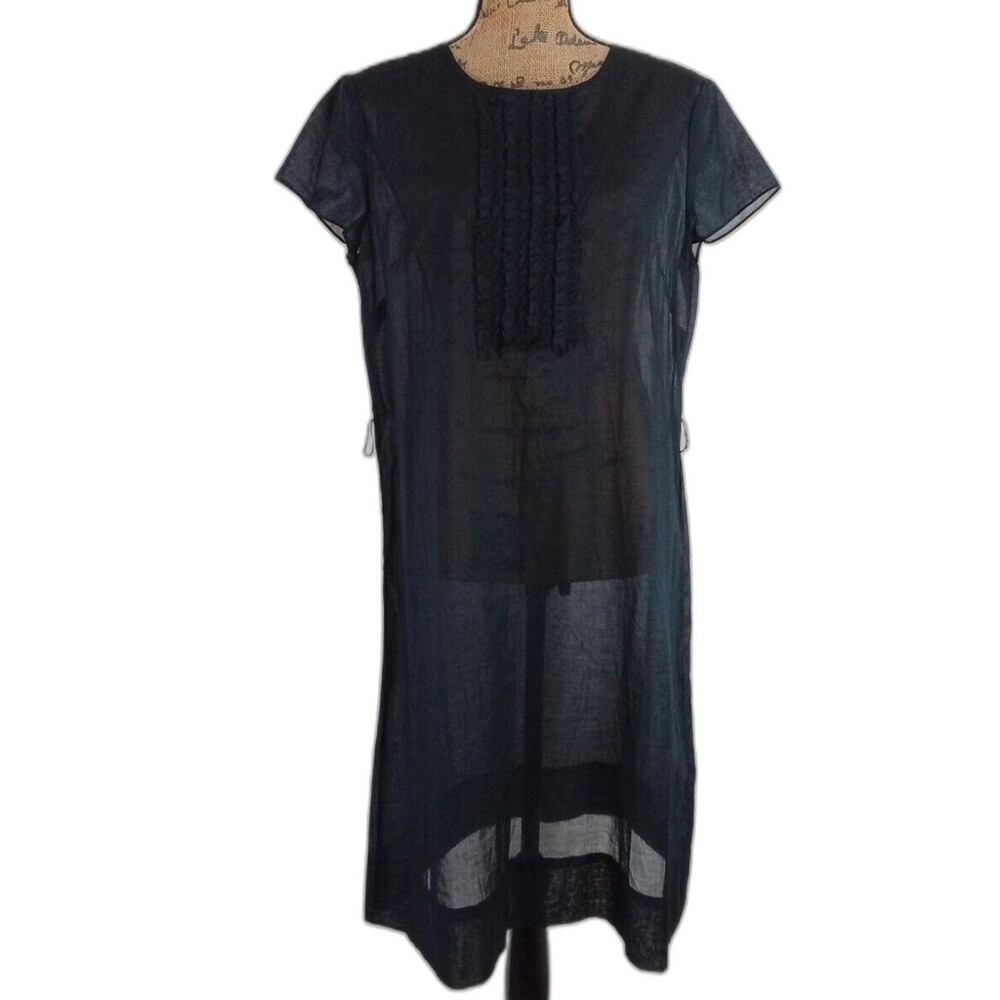 Talbots Dress 14P Lightweight Semi‎ Sheer Black Ruffle Detail Button Keyhole NEW